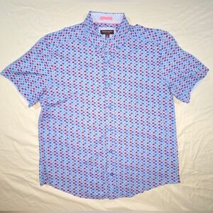Johnston & Murphy Mens Shirt Fish Print Short Sleeve Cotton Blue Sz M Excellent